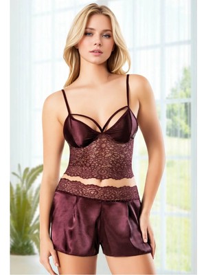 QKK Kadın Mürdüm Saten Şortlu Pijama Takımı Dantel Büstiyerli Askılı Ev Giyimi