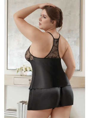 QKK Kadın Büyük Beden Siyah Saten Şortlu Pijama Takımı Transparan Detaylı