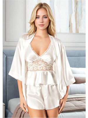 QKK Kadın Saten 3’lü Pijama Takımı - Dantelli Sabahlık & Şortlu Takım Seti