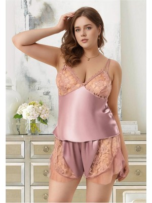 QKK Kadın Büyük Beden Gül Kurusu Saten Şortlu Pijama Takımı Dantelli Tüllü