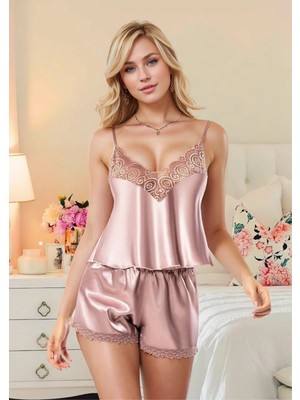 QKK Kadın Vizon Saten Şortlu Pijama Takımı Dantel Detaylı Askılı Ev Giyimi