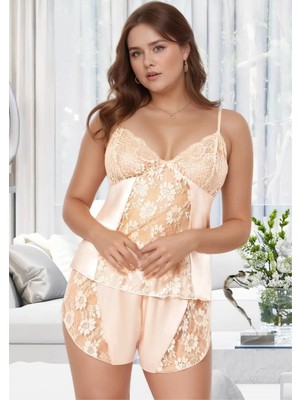 QKK Kadın Büyük Beden Şampanya Saten Şortlu Pijama Takımı Dantelli