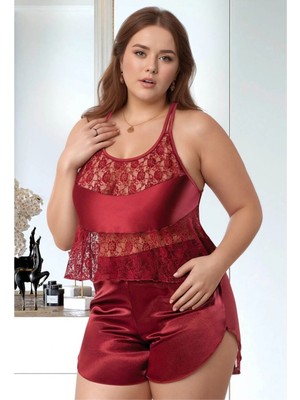 QKK Kadın Büyük Beden Bordo Saten Şortlu Pijama Takımı Sırtı Dantelli
