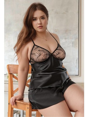 Qkk Kadın Büyük Beden Siyah Saten Şortlu Pijama Takımı Transparan Detaylı