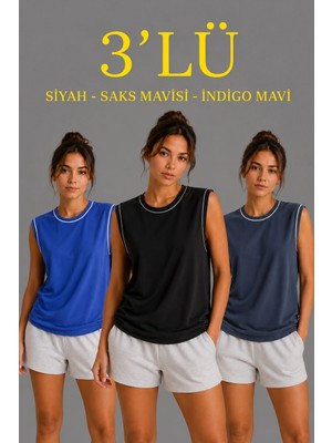 Pileli Store Kadın 3’lü Kolsuz Sporcu Atlet Seti Yazlık Bisiklet Yaka - Siyah, Saks Mavisi, Indigo