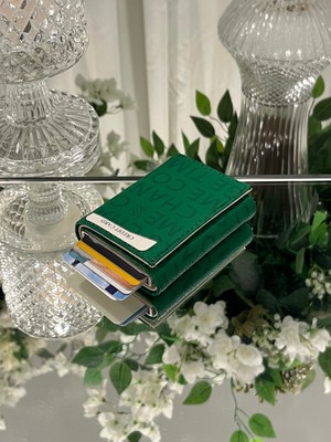 Friend Polo Mekanizmalı Kızaklı Kartlık Şeffaf Iç Bölmeli Baskılı Yeşil Deri Cüzdan
