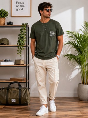 Stsahra  Erkek Haki O Yaka Basic T-Shirt