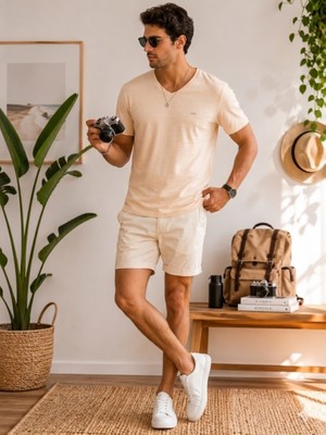 Stsahra  Erkek Sarı V Yaka Slim Fit T-Shirt