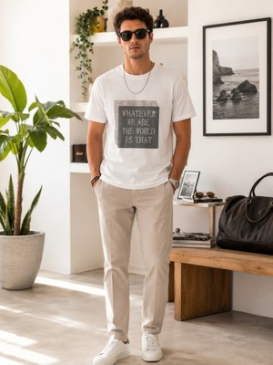 Stsahra  Erkek Beyaz O Yaka Basic T-Shirt