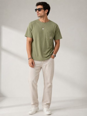 Stsahra  Erkek Haki O Yaka Basic T-Shirt