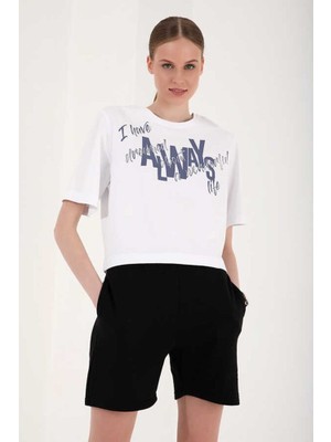 Stsahra  Kadın Beyaz Baskılı Drop T-Shirt
