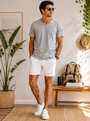Stsahra  Erkek Gri V Yaka Slim Fit T-Shirt