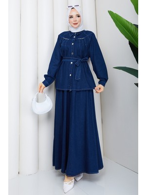 Pamuk Butik Kadın Kuşaklı Taş Detaylı Etekli Ikili Kot Takım -PMK560
