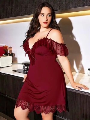 Ang Butik Büyük Beden Bordo Dantel Işlemeli Ince Askılı Gecelik