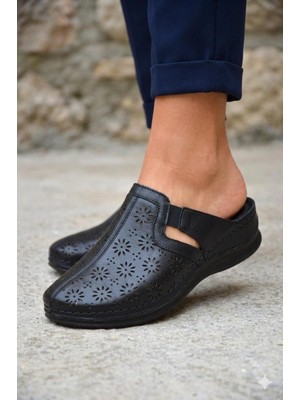 Shoemix Vely Kadın Siyah Hakiki Deri Sabo Comfort Lazer Kesim Günlük ve Ev Terliği