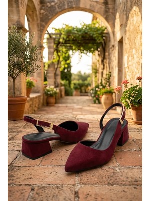 Shoetek Yowa Kadın Topuklu Ayakkabı Arkadan Bantlı Tokalı Kalın Topuklu Bordo Saten