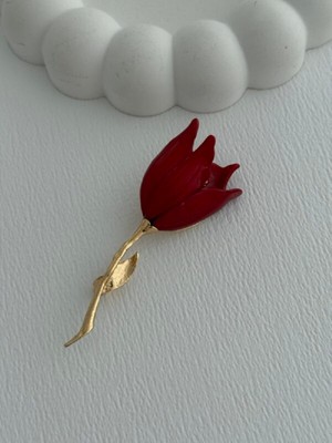 Trendy Chic Kırmızı Lale Tasarım Gold Broş