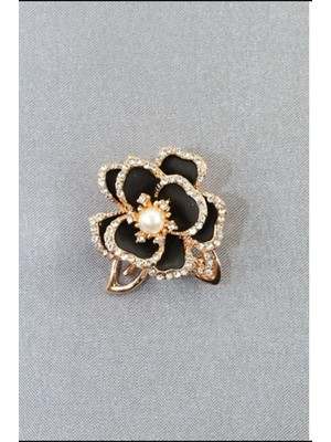 Trendy Chic Incili Kristal Taşlı Gold Siyah Çiçekli Kadın Yaka Iğnesi Broş