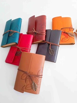 Wolawood Yüksek Kalite Altı (6) Adet Deri Defter Yaprak Desenli, Eskitme Sayfa, Spiralli, Vintage Anı Hatıra, Ajanda, Günlük Not Defteri Hediyelik Set