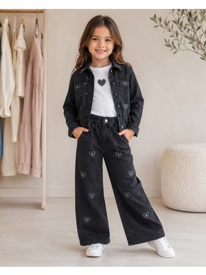 Mavi Boncukk Kız Çocuk Kalp Detaylı Siyah Denim Ceket Pantolon ve Beyaz Tişört 3’lü Takım