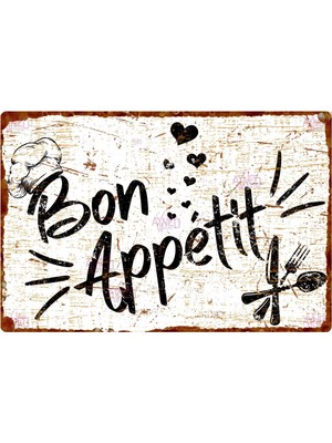 AYNED Print Eskitme Görünümlü Bon Appétit Ahşap Levha – Uv Baskılı Mutfak Tabelası