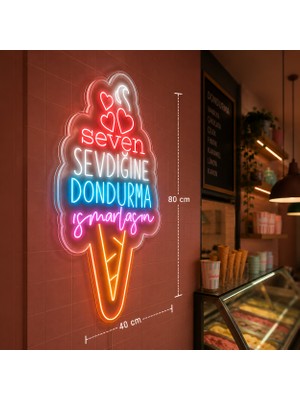 Dekoraven Külah Dondurma Tasarımlı Neon Tabela Işıklı ve Cam Süsleme LED Levha Dondurmacı Kafe Neon Işıklı LED Tabela