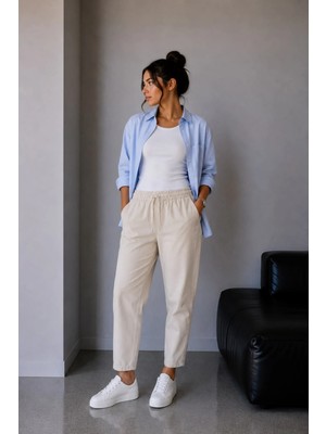 Vadon 1019 Kadın %100 Pamuk Gabardin Lastikli Bel Havuç Kesim Pantolon Bej