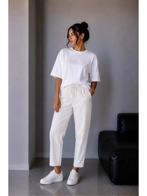 Vadon 1019 Kadın %100 Pamuk Gabardin Lastikli Bel Havuç Kesim Pantolon Beyaz