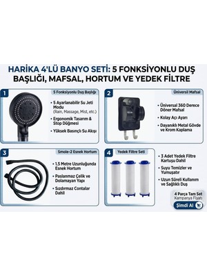 Segy Home 4'lü Set Siyah 5 Kademeli Filtreli Masajlı Duş Başlığı +3 Adet Yedek Filitre+ 150 cm Duş Hortumu + Yapışkanlı Askı Aparatı