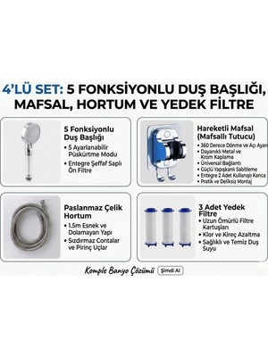 Segy Home 4'lü Set Siyah 5 Kademeli Filtreli Masajlı Duş Başlığı +3 Adet Yedek Filitre+ 150 cm Duş Hortumu + Yapışkanlı Askı Aparatı