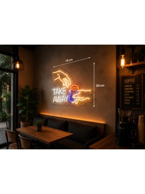 Dekoraven Take Away Coffee Kahve Bardağı Figürlü Yazılı LED Neon Tabela Işıklı Kafe Cafe Kahveci Dükkanı Stand Cam Reyon Duvar  Kafe Dekorasyonu Dekoratif Levha The Creation Of Adam