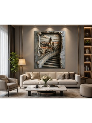 Othello Art 3D Taş Duvar Merdiven Şehir Manzaralı Kanvas Tablo Dekoratif Salon Duvar Tablosu
