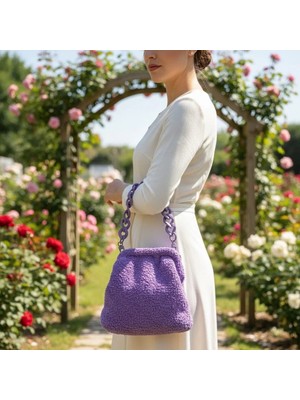 Kumru Studio Lila El Örgüsü Peluş Omuz Çantası – Akrilik Zincir Askılı Handmade Tasarım