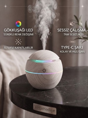 vegahediye v vega Oval Dekoratif Ahşap Görünümlü Hava Nemlendirici - Rgb LED Işıklı Buhar Makinesi Aroma Koku Difüzörü (150 Ml, Type-C)