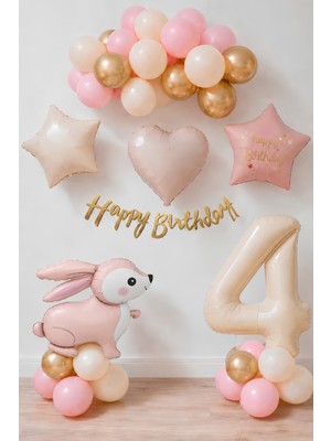 Patladı Gitti Pembe Tavşanlı 4 Yaş Doğum Günü Balon Seti 30 Adet Folyo ve Lateks Balonlar Pembe Gold Renk Temalı