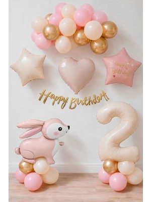 Patladı Gitti 2 Yaş Doğum Günü Balon Seti Pembe Tavşan Temalı 30 Adet Renkli Balon