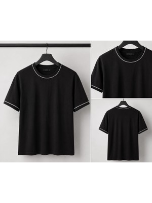 Parkur Erkek Şerit Detaylı Bisiklet Yaka Kısa Kol Siyah T-Shirt