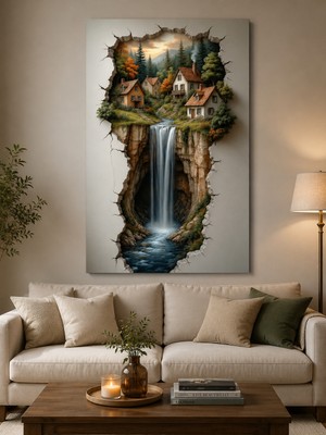 Othello Art 3D Şelale ve Dağ Evi Manzaralı Kanvas Tablo Dekoratif Salon Duvar Tablosu