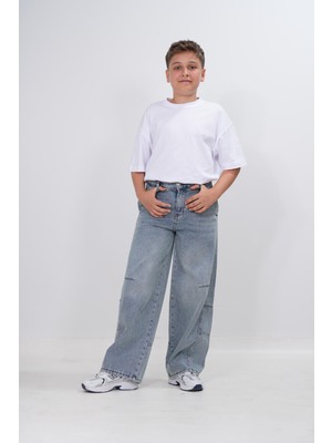 Haykids Unisex Çocuk Antrasit Bol Kesim Denim Loose Fit Dizden Dikişli Relaxed Baggy Alt Giyim Jean Pantolon