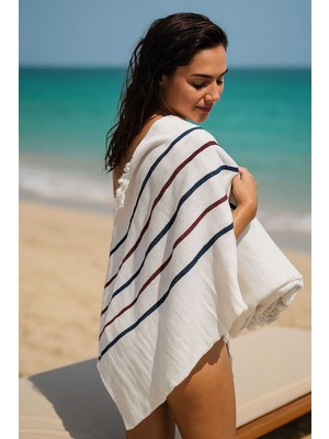 Hsc Bilişim Peştemal Plaj Havlusu %100 Pamuklu 70X150 cm Beyaz Waves