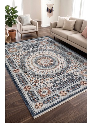 Veja Home Bohem Eskitme Etnik Desenli Mavi Halı Salon Mutfak Yolluk