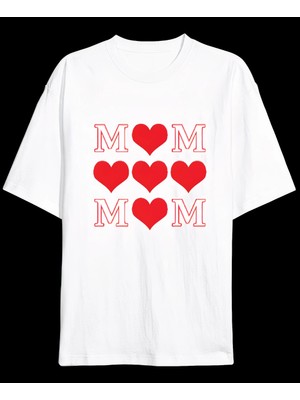 Hsc Bilişim Anneler Günü Hediye Mom Kalp Baskılı Oversize Bisiklet Yaka T-Shirt - Beyaz