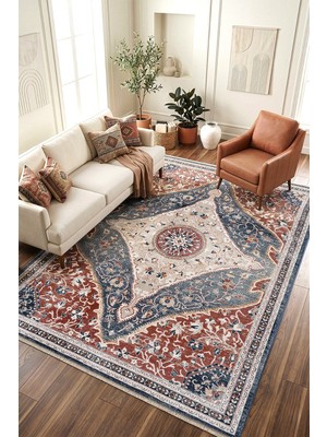 Veja Home Bohem Eskitme Çiçekli Madalyon Desenli Multi Halı Salon Mutfak Yolluk