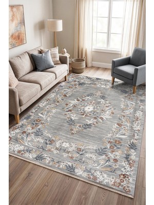 Veja Home Bohem Eskitme Çiçekli Madalyon Desenli Gri Multi Halı Salon Mutfak Yolluk