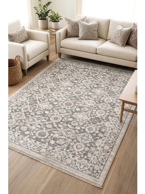 Veja Home Bohem Eskitme Etnik Desenli Gri Halı Salon Mutfak Yolluk