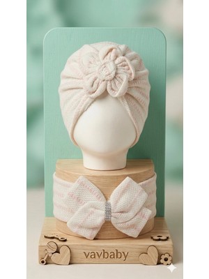 Vavbaby Kız Bebek Taş Detaylı Fiyonklu Bebek Bone ve Kafa Bandı Seti - Beyaz-Pembe