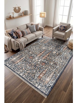 Veja Home Bohem Eskitme Etnik Desenli Mavi Halı Salon Mutfak Yolluk