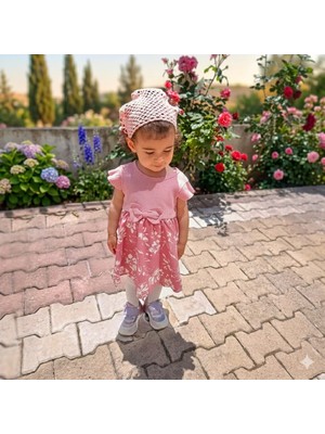 Uhel Kız Çocuk El Örgüsü Boncuklu Bandana - Pembe Kroşe Eşarp ve Saç Aksesuarı