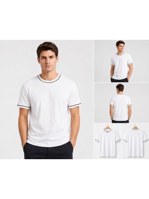 Parkur Premium Erkek Bisiklet Yaka Şerit Detaylı Beyaz Basic T-Shirt