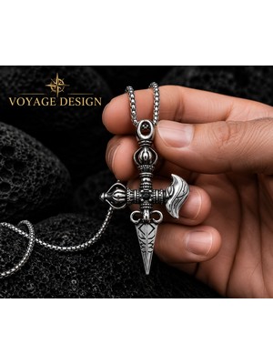 Voyage Accessory Kırmızı & Siyah Zirkon Paslanmaz Çelik Budist Vajra  Phurba Hançeri Kolye